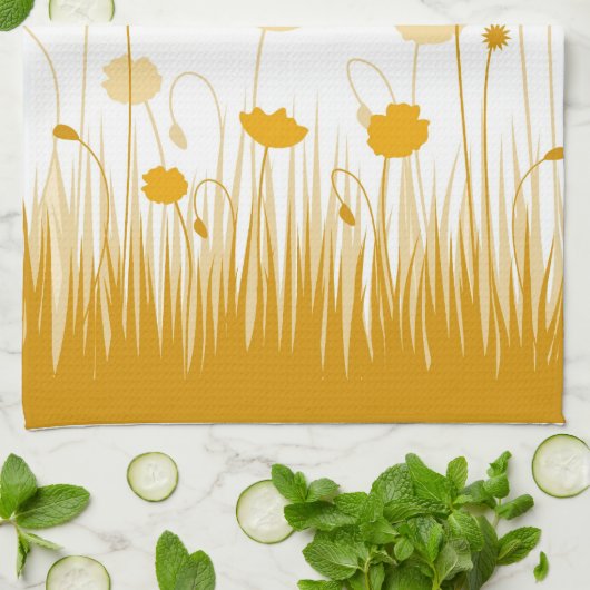 Minimalistische Sinaasappel en Witte Poppies Meado Theedoek (Gevouwen)