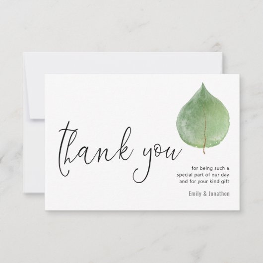 Minimalistische Single Eucalyptus Leaf Script Foto Bedankkaart (Voorkant)