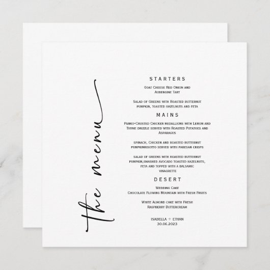 Minimalistische Sjabloon van het Menu van de Wedde (Voorkant / Achterkant)