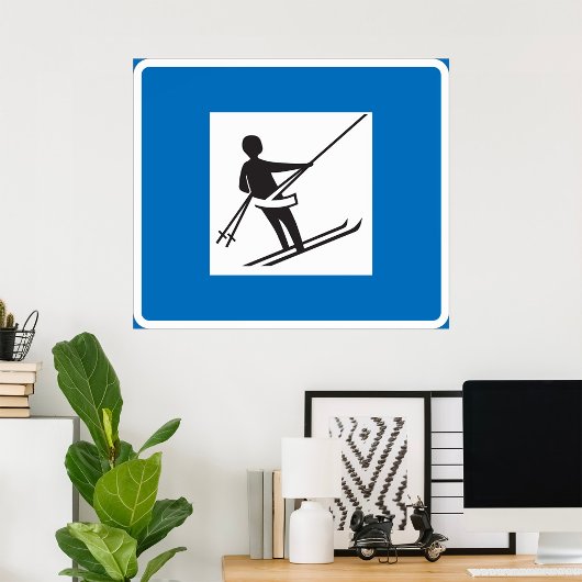 Minimalistische skilift symbool met blauwe rand poster