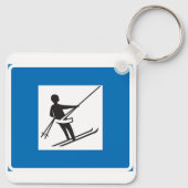 Minimalistische skilift symbool met blauwe rand sleutelhanger (Achterkant)