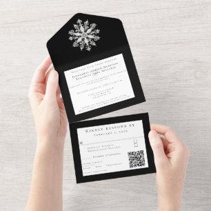 Minimalistische Sneeuwvlok Bruiloft Zwart All In One Uitnodiging