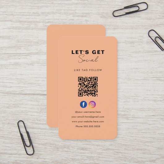 Minimalistische Soft Oranje QR-code Verbind met on Visitekaartje (Voorkant / Achterkant in situ)