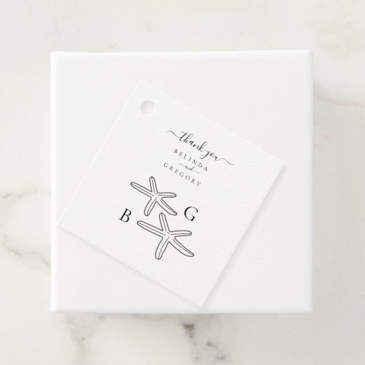 Minimalistische Starfish Beach Monogram bruiloft Bedankjes Labels (In situ)