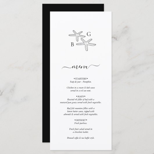 Minimalistische Starfish Beach Monogram bruiloft Menu (Voorkant / Achterkant)