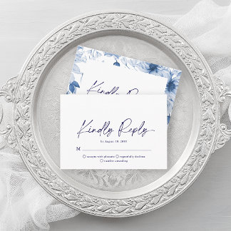 Minimalistische Stofblauwe Bloem RSVP Kaart