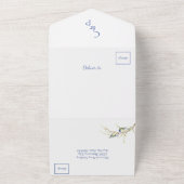 Minimalistische Stofblauwe Vlaamse Gaai Liefdesvog All In One Uitnodiging (Buitenkant)