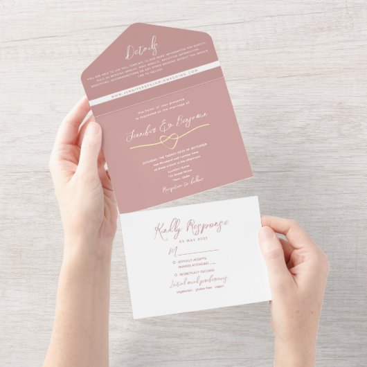 Minimalistische stoffige roze bruiloft all in one uitnodiging (Afscheurbaar)