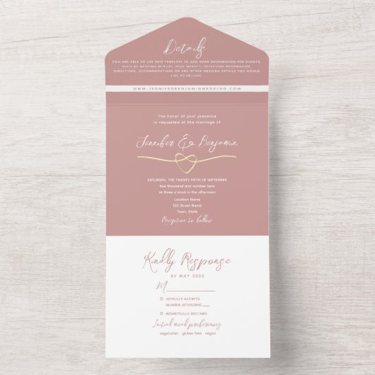 Minimalistische stoffige roze bruiloft all in one uitnodiging (Binnen)