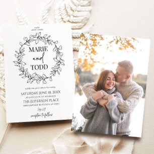 Minimalistische tak- en bladkransbruiloft kaart