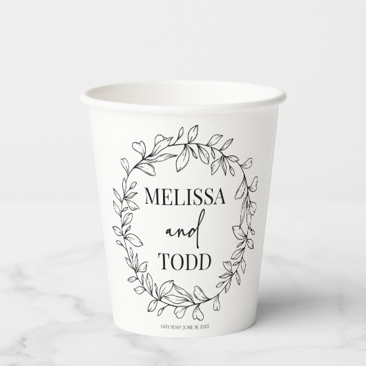 Minimalistische tak- en bladkransbruiloft papieren bekers (Achterkant)