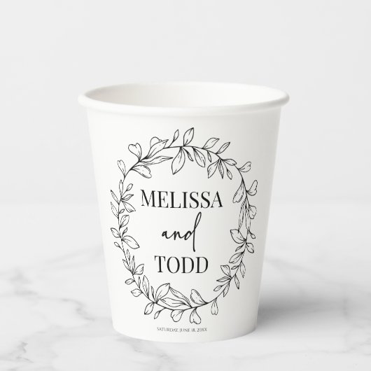 Minimalistische tak- en bladkransbruiloft papieren bekers (Voorkant)