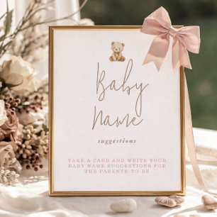 Minimalistische Teddybeer Babyshower Naamsuggestie Poster