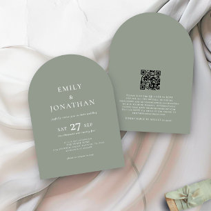 Minimalistische tekst QR-code Sage Green Arch Wedd Kaart