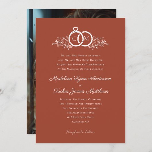 Minimalistische Terracotta Trouwringen Monogram Fo Kaart (Voorkant / Achterkant)