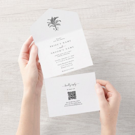 Minimalistische Tropische Palmboom Monogram Bruilo All In One Uitnodiging (Afscheurbaar)