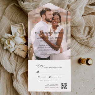Minimalistische trouwfoto QR-code Elegant All In One Uitnodiging