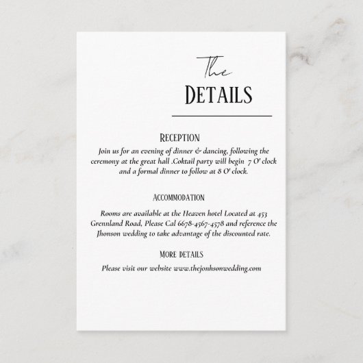 Minimalistische trouwkaartenset, trouwdetails informatiekaartje (Voorkant)