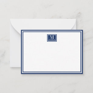 Minimalistische twee-rand monogram naam navyblauw notitiekaartje