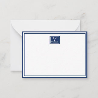 Minimalistische twee-rand monogram naam navyblauw notitiekaartje