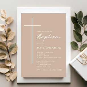 Minimalistische Typografie kruis beige crème doop Kaart