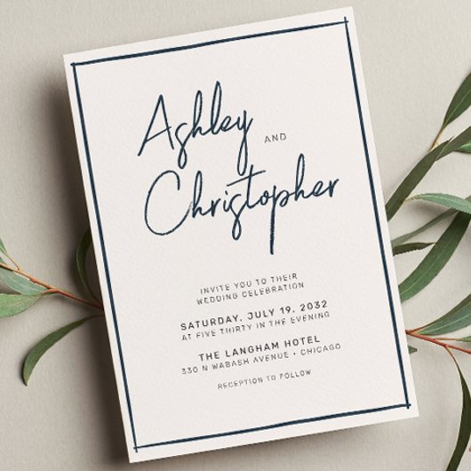Minimalistische typografie Script Indigo Blue Wedd Kaart