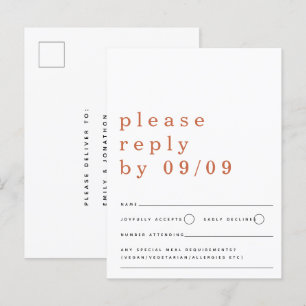 Minimalistische typografie Terracotta Wedding RSVP Briefkaart