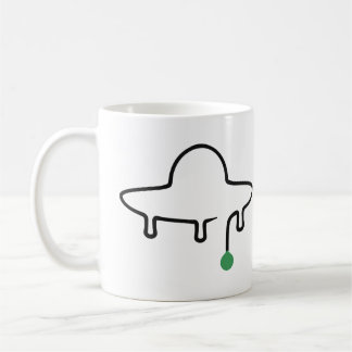 Minimalistische UFO-lijntekening met groene druppe Koffiemok