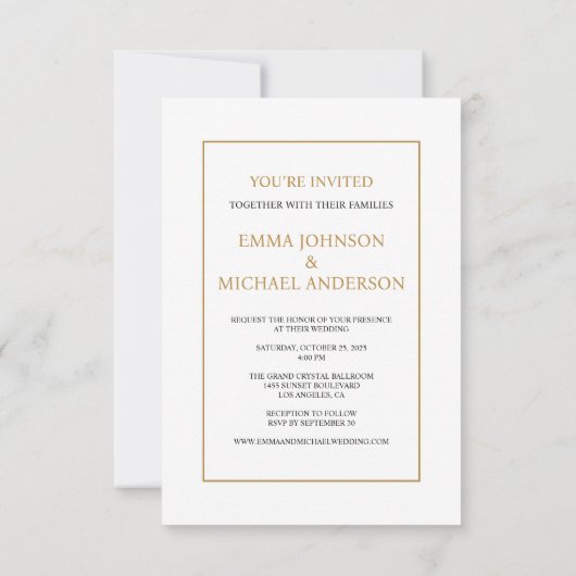Minimalistische uitnodiging voor een witte en goud (Achterkant)