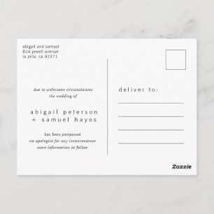 Minimalistische uitstel van zwart-witte bruiloft briefkaart