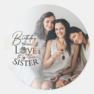 Minimalistische verjaardagsfoto kalligrafie zus ronde sticker