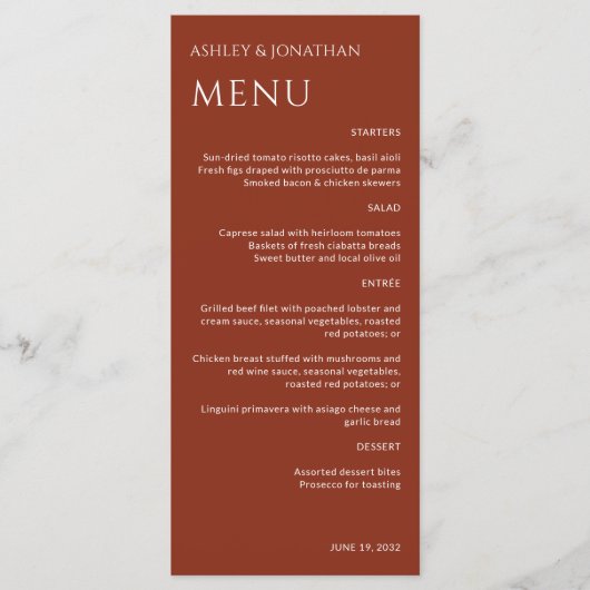 Minimalistische vetgedrukte tekst markeert bruilof menu (Voorkant)
