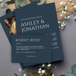 Minimalistische vetgedrukte tekst markeert bruilof RSVP kaartje