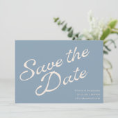 Minimalistische Vintage Elegante Script Stofblauw Save The Date (Staand voorkant)