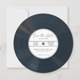 Minimalistische vinylplaat Save The Date met foto Kaart