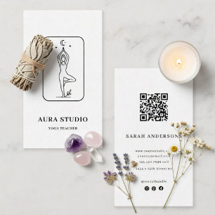Minimalistische Viskaart voor Yogaleraar met QR-co Visitekaartje