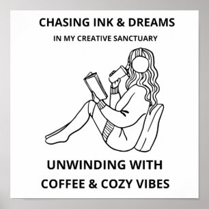 MINIMALISTISCHE VROUW LEZEN & KOFFIE LIJN KUNST PO POSTER