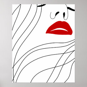 Minimalistische vrouw met rode lippen lijnkunst poster