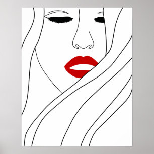 Minimalistische vrouw met rode lippen lijnkunst poster