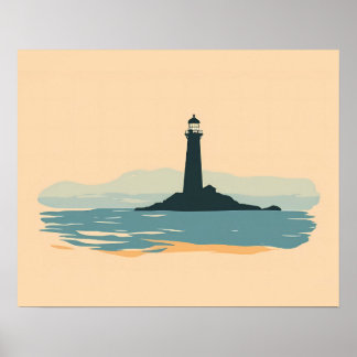 Minimalistische vuurtoren Silhouette Kust Zonsonde Poster