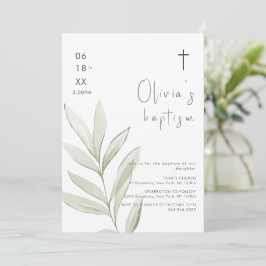Minimalistische waterverf bladeren kruis doop kaart (Staand voorkant)