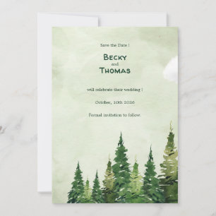 Minimalistische waterverf dennenbos op groene trou save the date