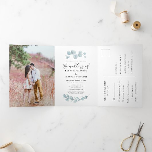 Minimalistische waterverf groen bruiloft alles in drieluik uitnodiging (Binnen)