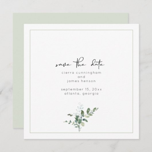 Minimalistische Waterverf groen bruiloft Save The Date (Voorkant / Achterkant)