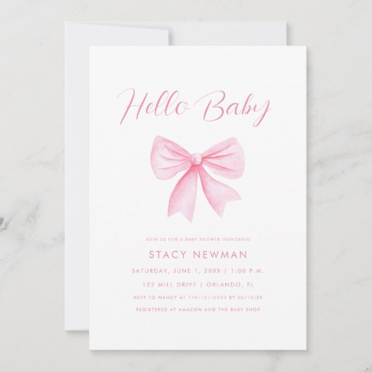 Minimalistische Waterverf Roze Bow Baby shower Kaart (Voorkant)