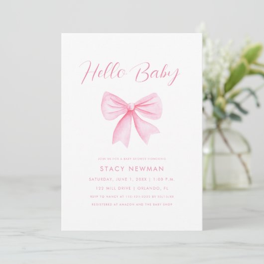 Minimalistische Waterverf Roze Bow Baby shower Kaart (Staand voorkant)