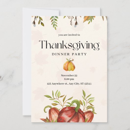 Minimalistische Waterverf Thanksgiving Dinner Part Kaart (Voorkant)