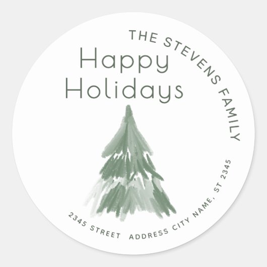 Minimalistische waterverfboom Prettige Feestdagen  Ronde Sticker (Voorkant)