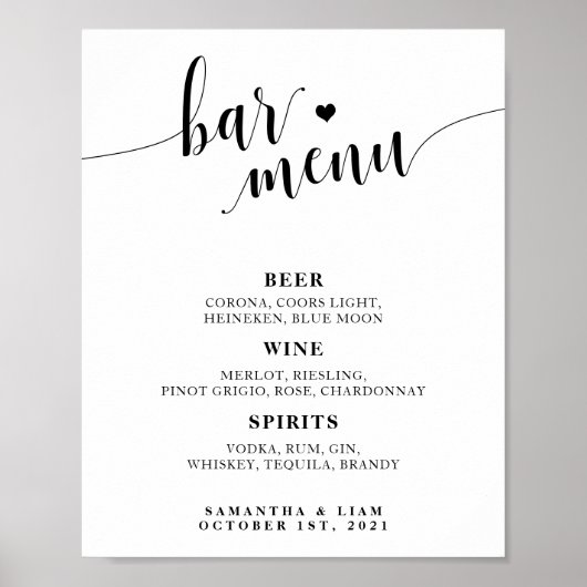 Minimalistische Wedding Bar Menu Sign Poster (Voorkant)