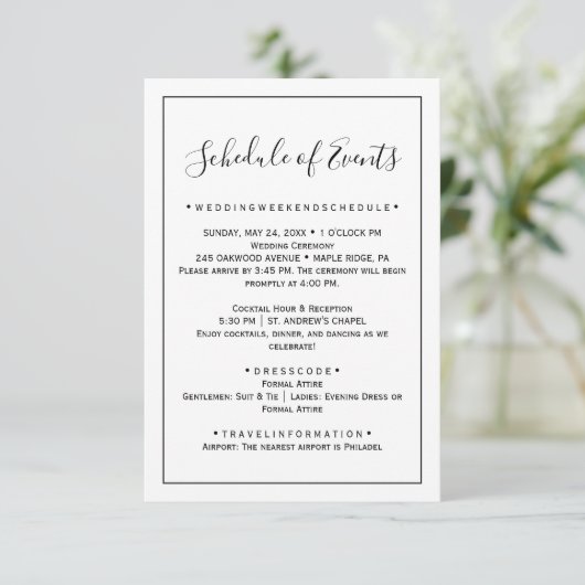 Minimalistische Wedding Schedule Kaart (Staand voorkant)